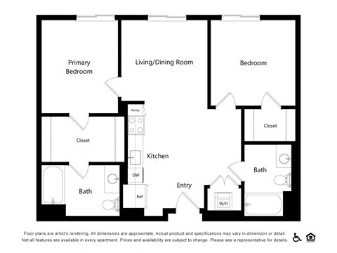 Floor plan for 2 beds, 2 baths, 911 sqft
